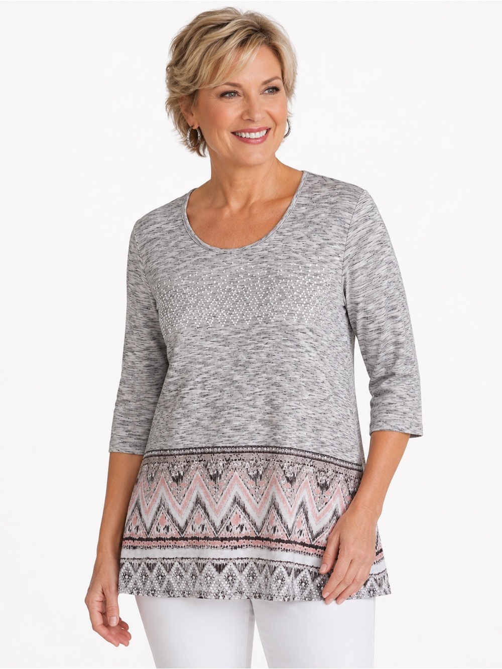 Chico’s Size 3 Gray Sequin Embellished Boho Tunic Top Long Sleeve Pink Geometric